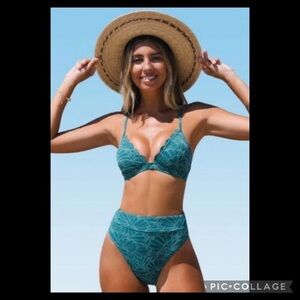 Cupshe Teal Leaf High waist Bikini Set